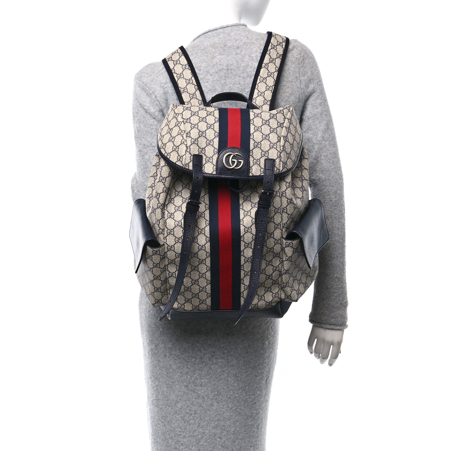 Gucci GG Supreme Monogram Medium Ophidia Double Buckle Backpack Beige Blue Black 2 of 10