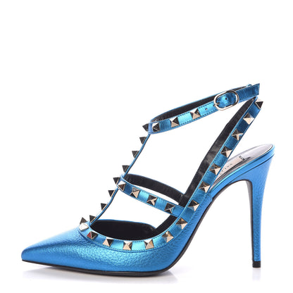 Valentino Garavani Metallic Pebbled Calfskin Rockstud Ankle Strap Pumps 38 Light Blue 1 of 10