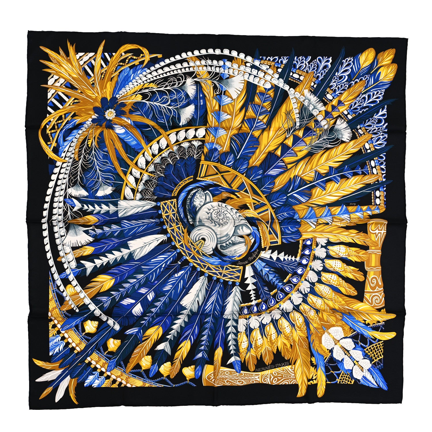 Hermes Silk Danse Pacifique Scarf 90 Black Bleu Nuit Gold 1174594