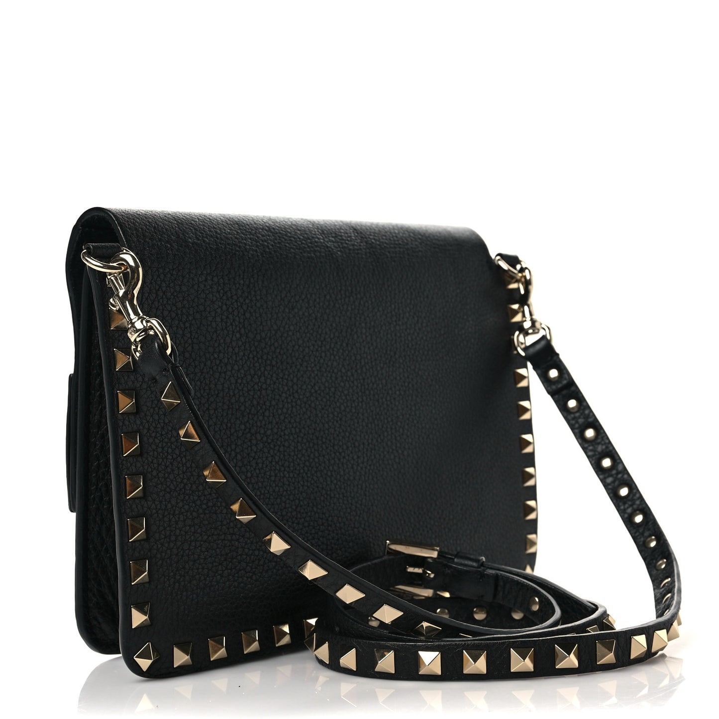 Pebbled Calfskin Rockstud Side Slip Crossbody Black