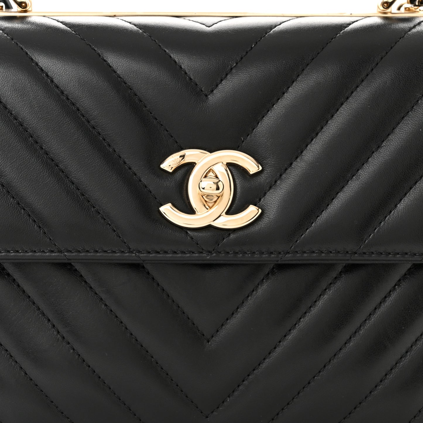 Lambskin Chevron Quilted Small Trendy CC Dual Handle Flap Bag Black