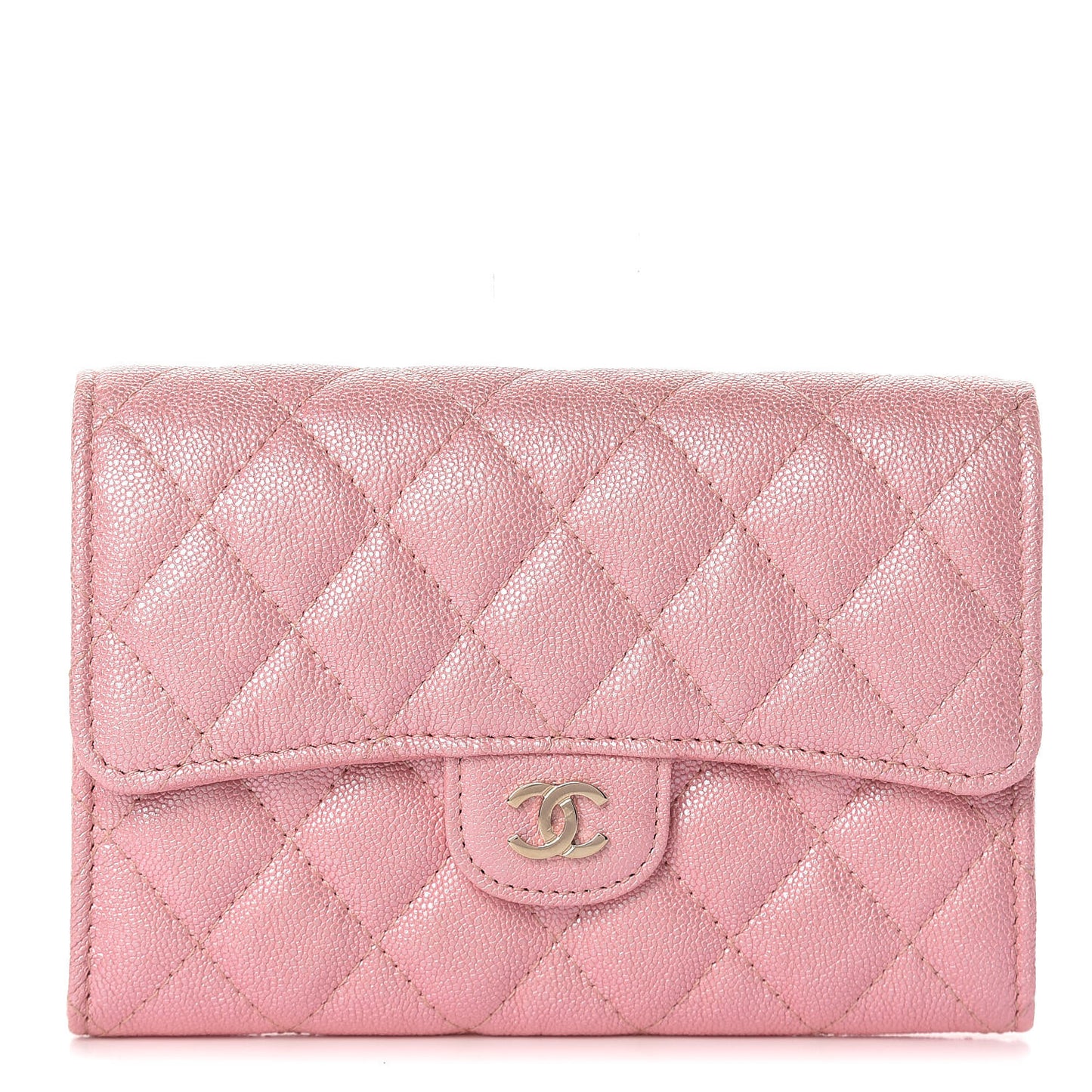 Iridescent Caviar Quilted Medium Flap Wallet Rose Pink