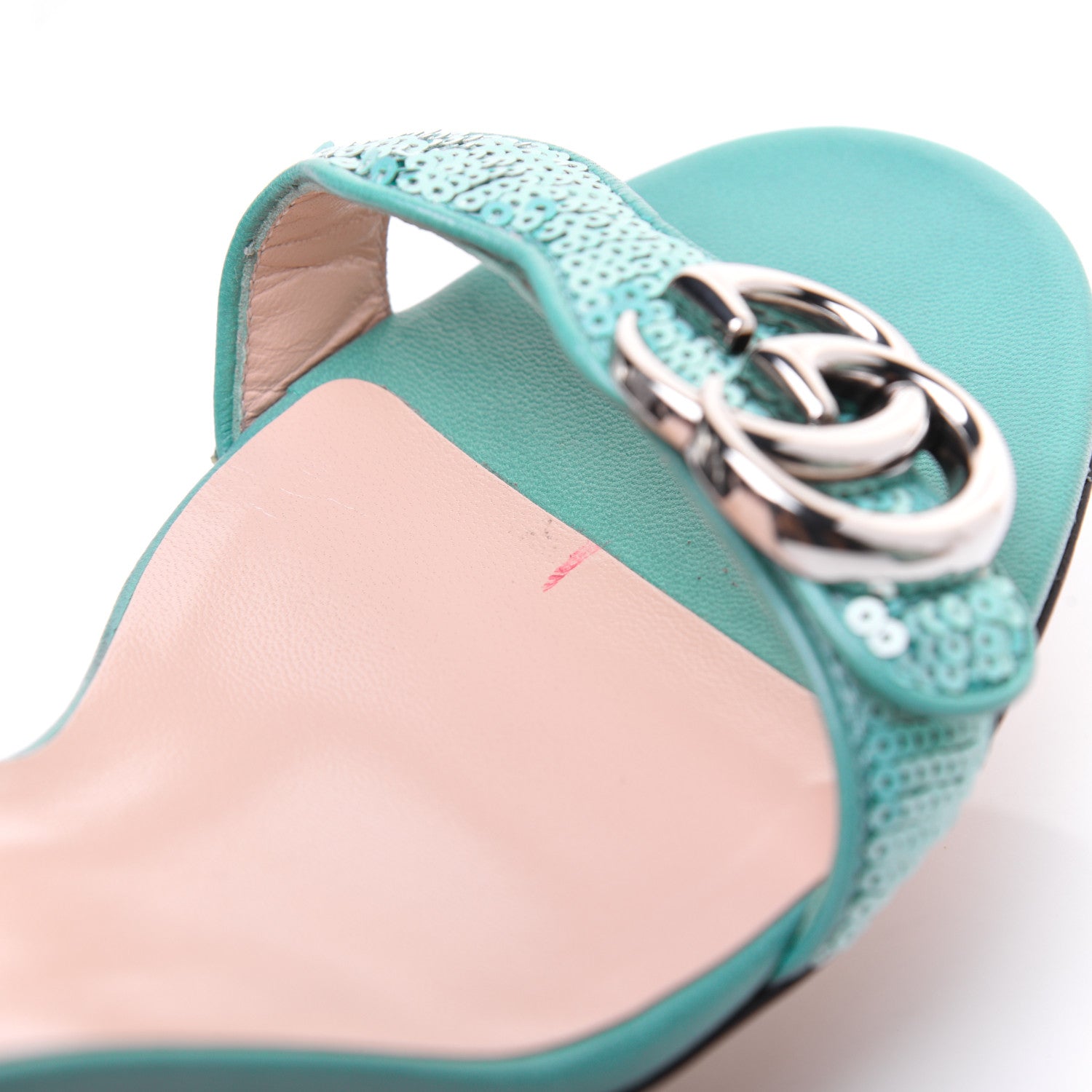 Gucci Sequin Satin Malaga Kid GG Marmont Ankle Wrap 75mm Sandals 40.5 Water Green Verde Chiaro Light Water Green 13 of 15