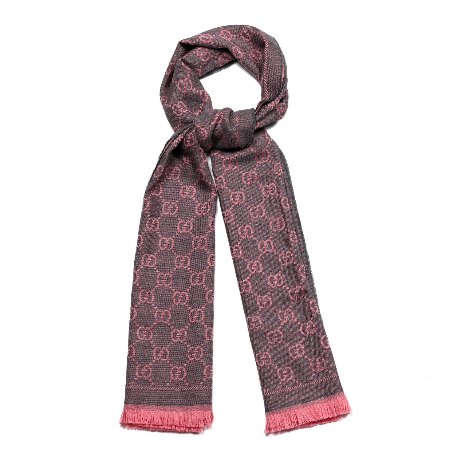 Gucci Wool Jacquard GG Monogram Sten Fringe Scarf Graphite Pink 1 of 6