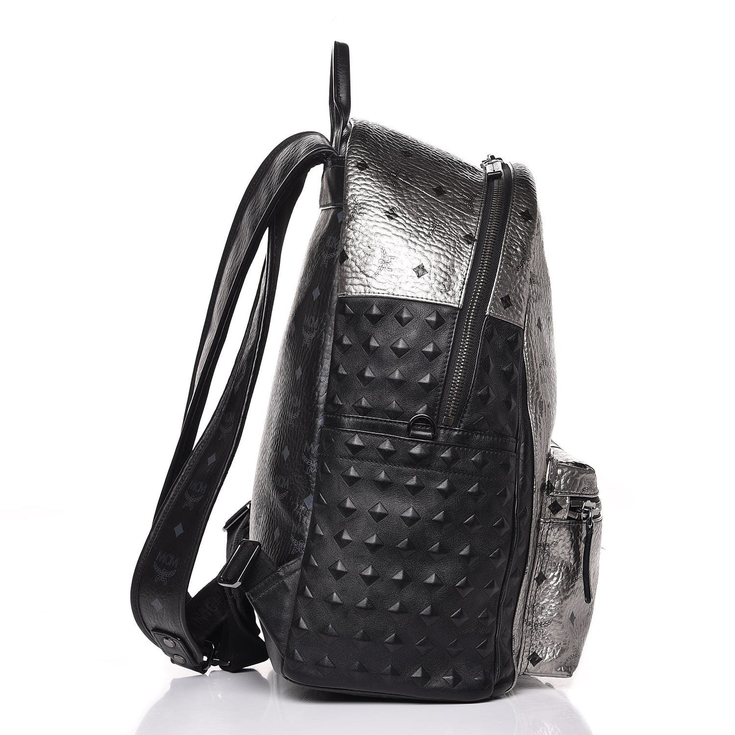 Metallic Visetos Calfskin Medium Studded Munich Lion Stark Backpack Silver Black