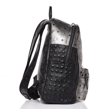 MCM Metallic Visetos Calfskin Medium Studded Munich Lion Stark Backpack Silver Black 27 of 28