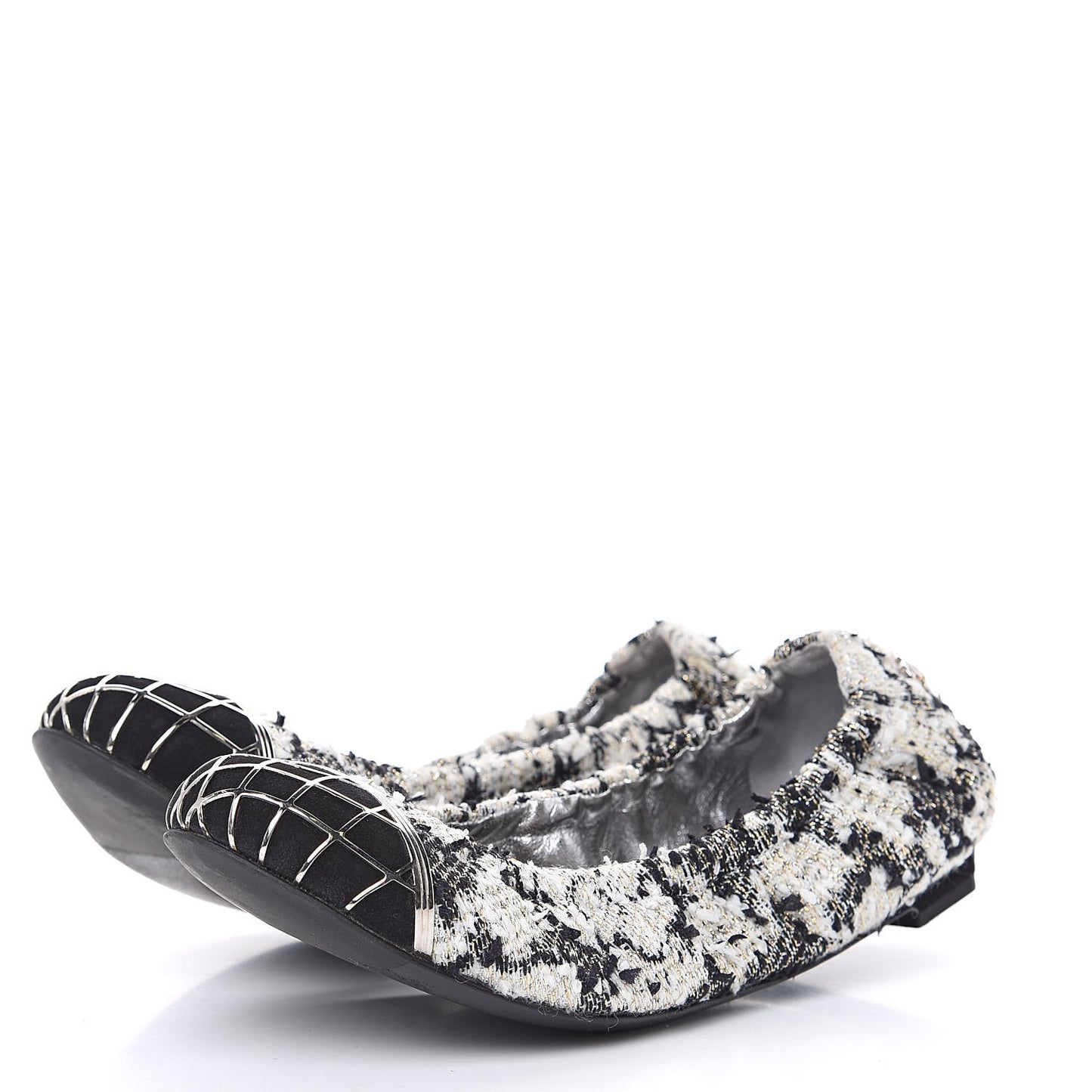 Tweed CC Elastic Cap Toe Ballerina Flats 35.5 Ecru Black Argent