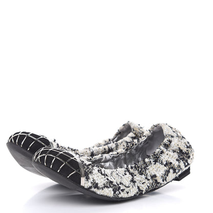 Chanel Tweed CC Elastic Cap Toe Ballerina Flats 35.5 Ecru Black Argent 2 of 9