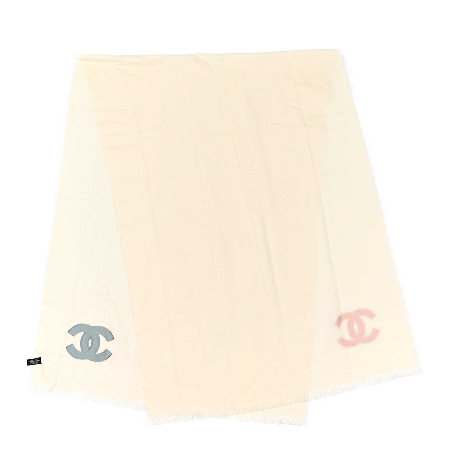 Chanel Cashmere Silk CC Fringe Scarf White Pink Blue 1 of 4