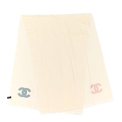Chanel Cashmere Silk CC Fringe Scarf White Pink Blue 1 of 4