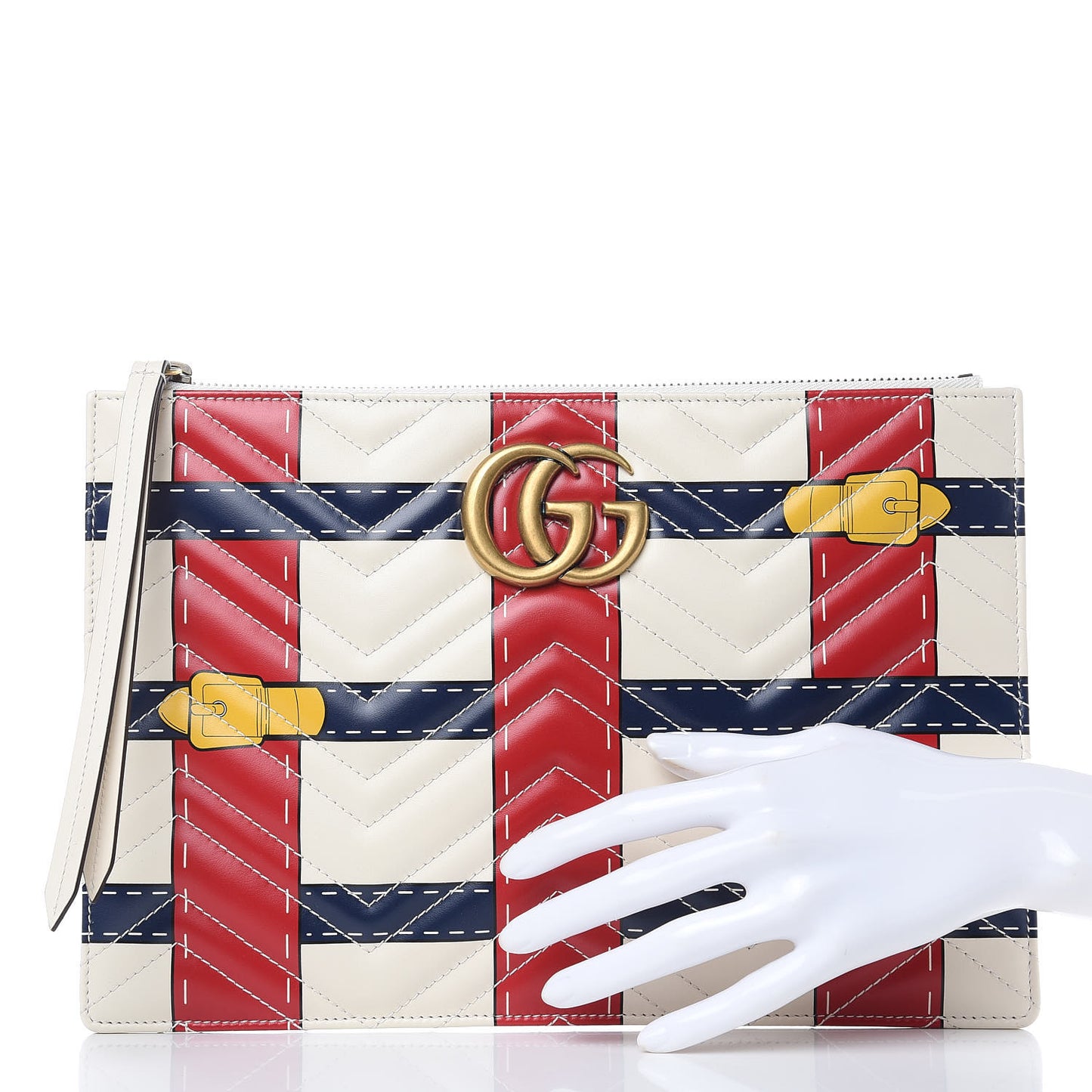 Calfskin Matelasse Trompe L'Oeil Print GG Marmont Zip Pouch White
