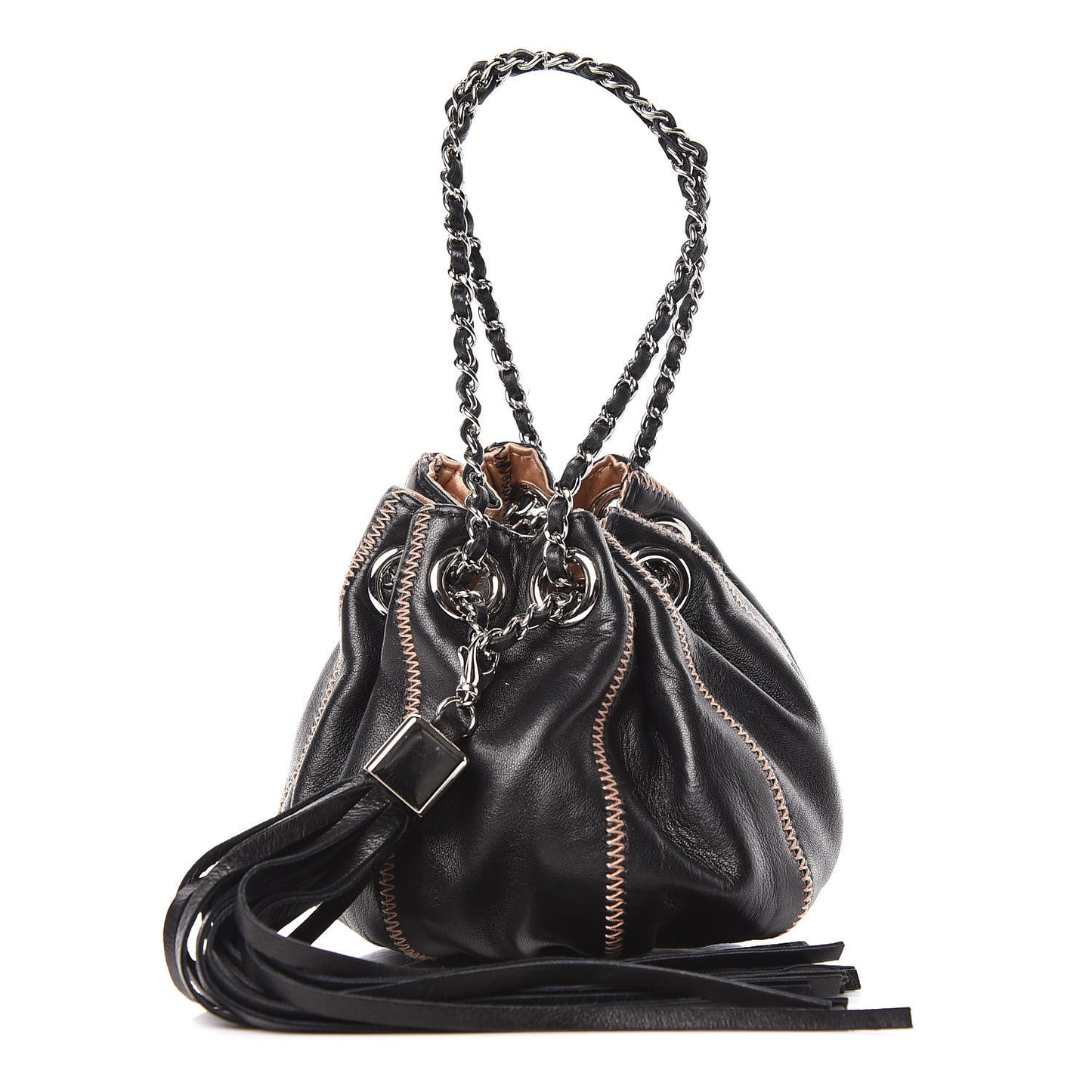 Lambskin Satin Mini Drawstring Tassel Shoulder Bag Black