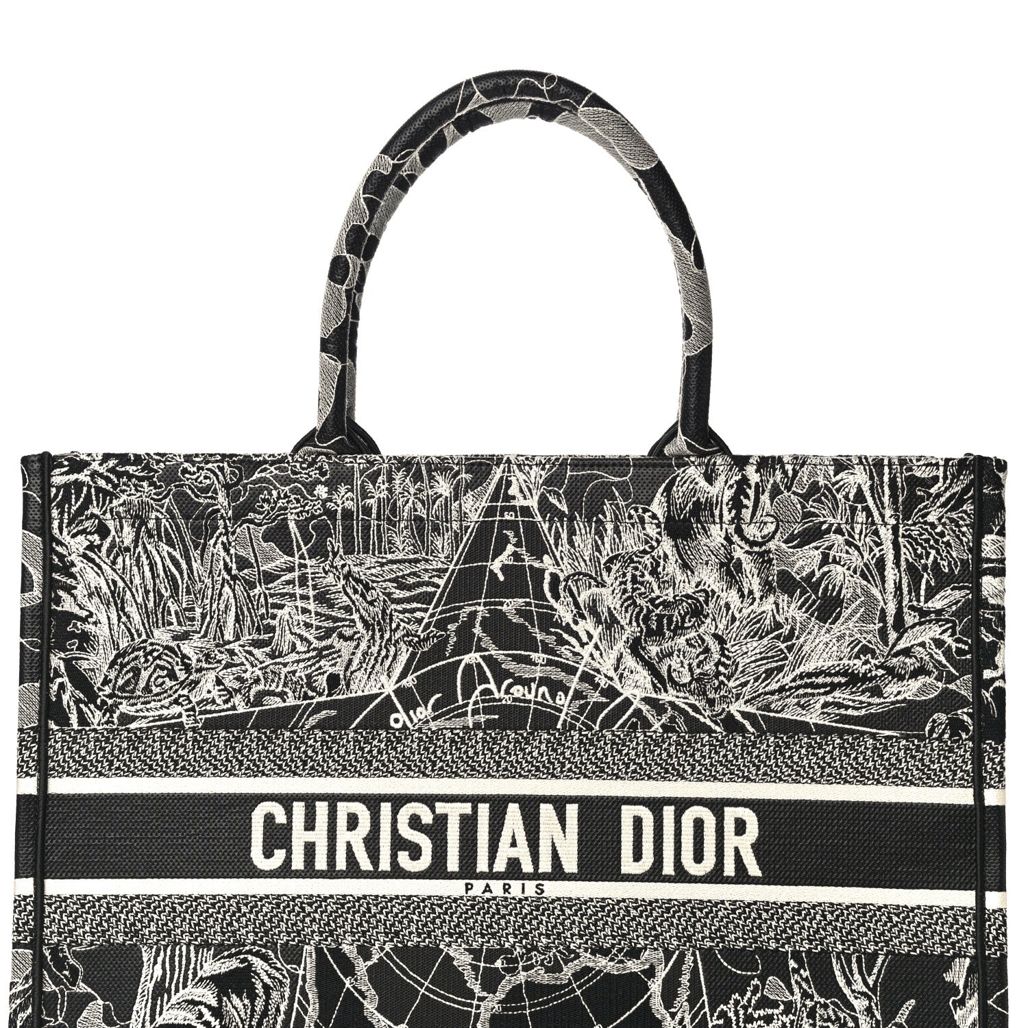 Christian Dior Canvas Embroidered Large Around The World Book Tote Black White 9 of 9