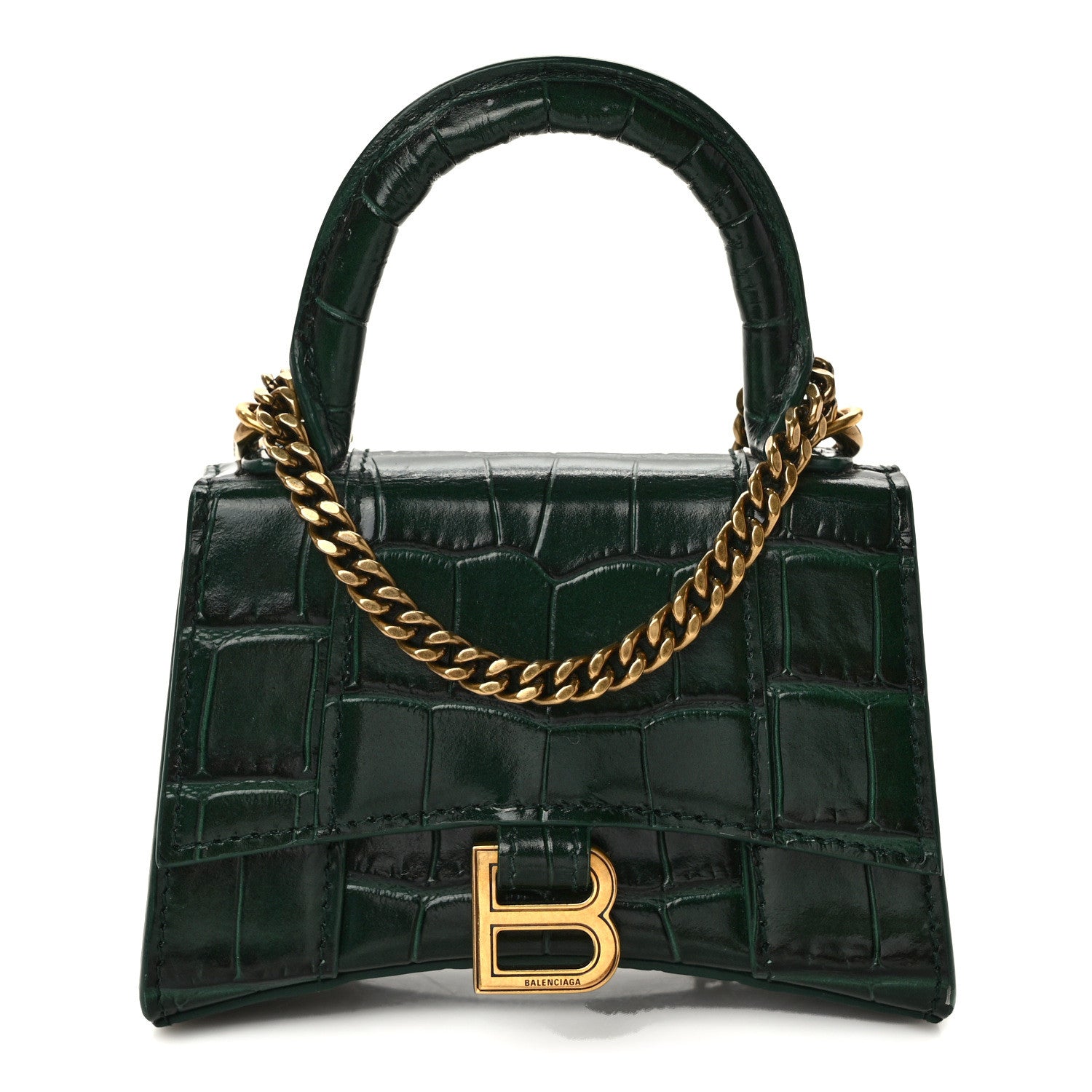 Balenciaga Shiny Calfskin Crocodile Embossed Hourglass Top Handle Bag Mini with Chain Forest Green 1 of 8