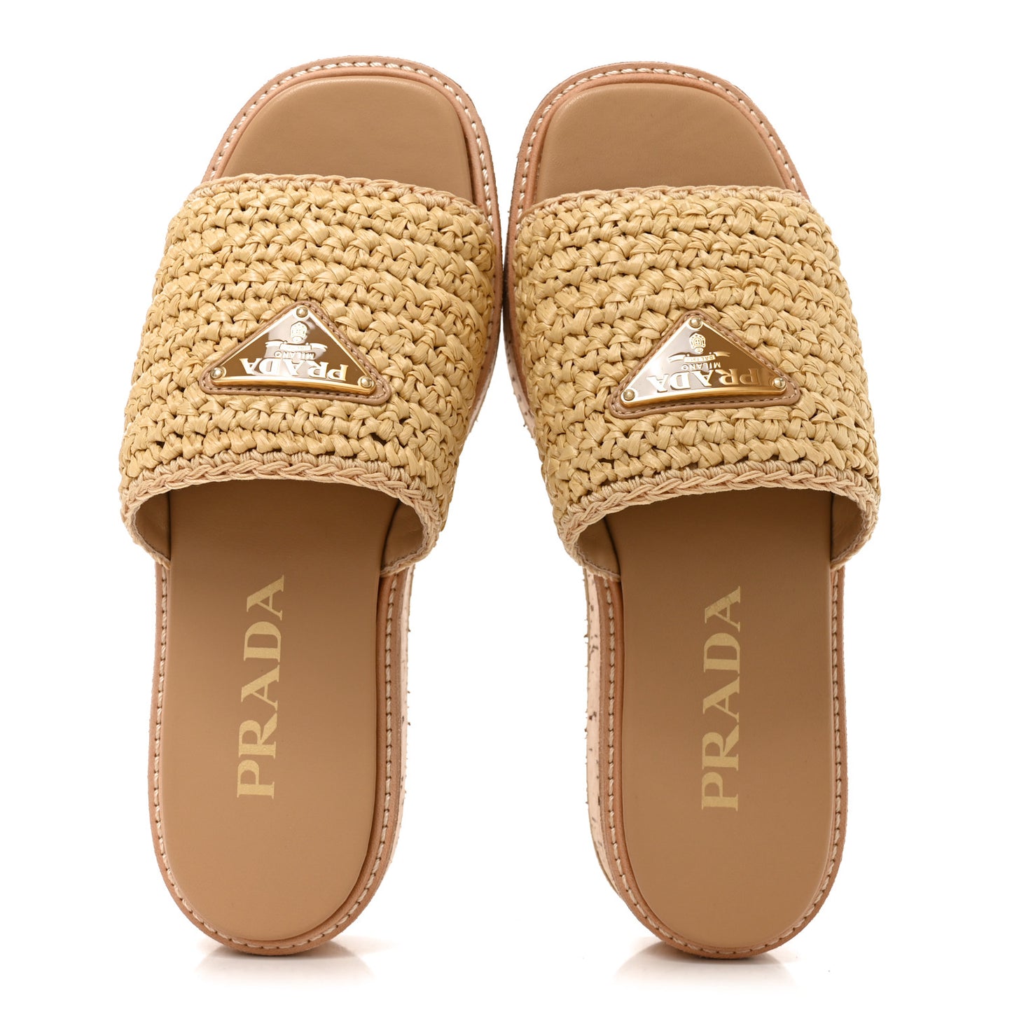 Raffia Metal Triangle Logo Woven Flatform 35mm Slide Sandals 36 Naturale