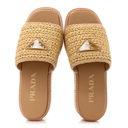 Prada Raffia Metal Triangle Logo Woven Flatform 35mm Slide Sandals 36 Naturale 5 of 9