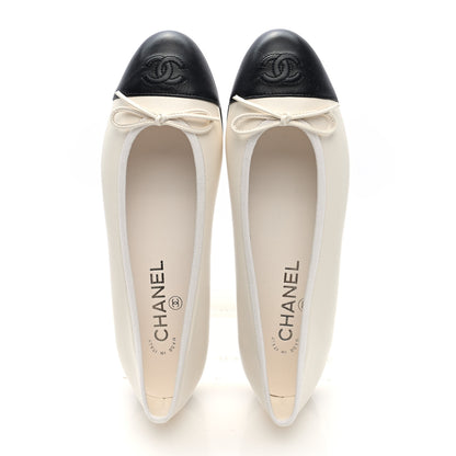Chanel Lambskin Cap Toe CC Ballerina Flats 37.5 White Black 2 of 10