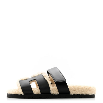 Hermes Calfskin Woolskin Chypre Sandals 37 Black Ecru 1 of 11