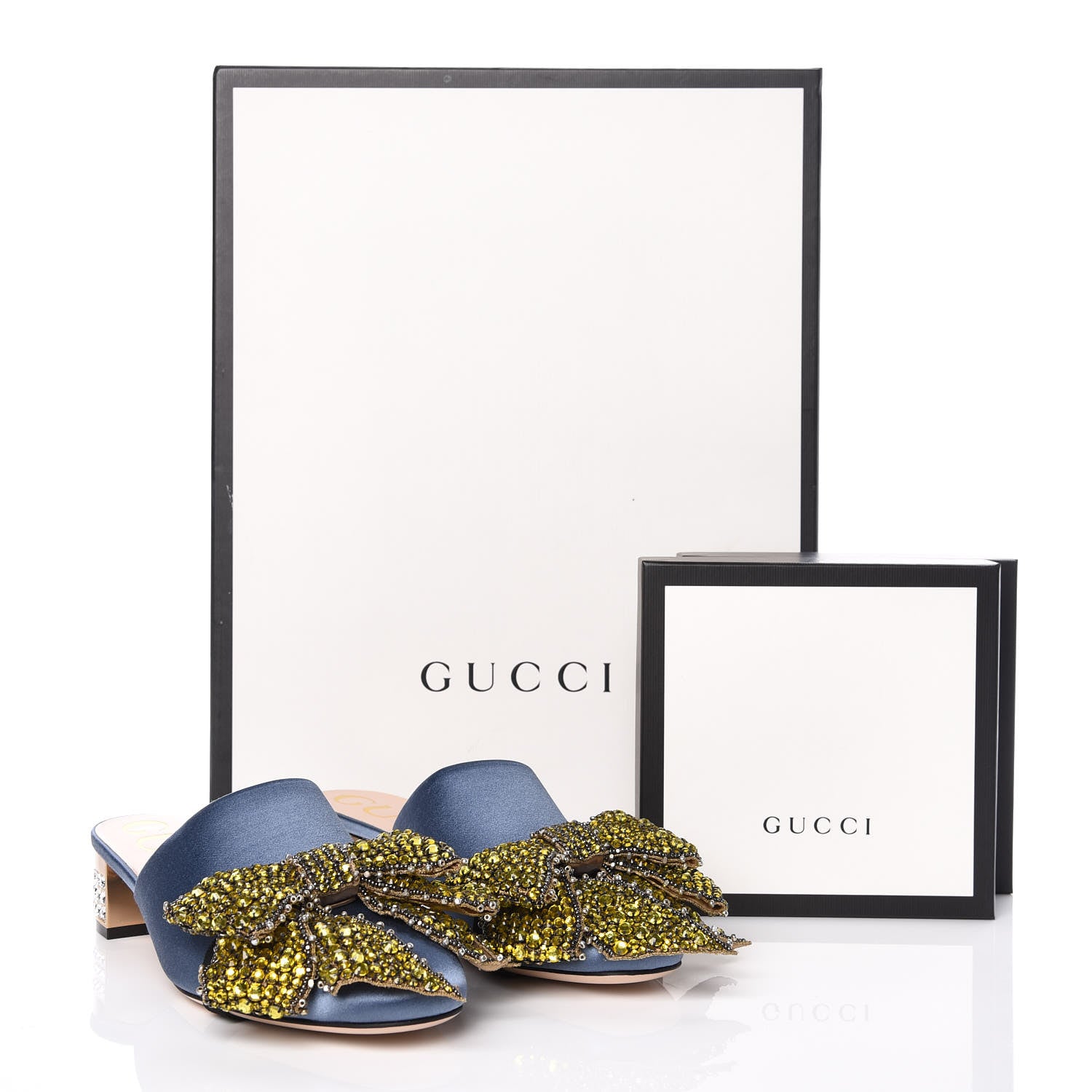 Gucci Silk Satin Crystal Embellished Bow Mules 38 Carta Zucchero 10 of 10