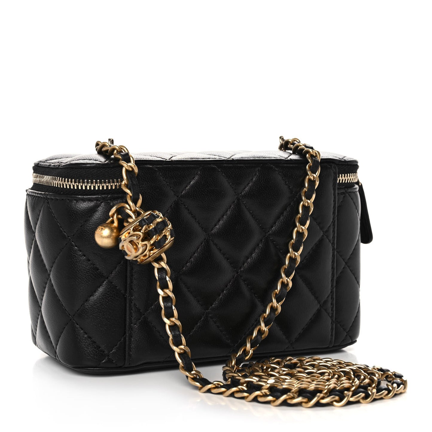 Lambskin Quilted Small Pearl Crush Vanity Case With Chain Black