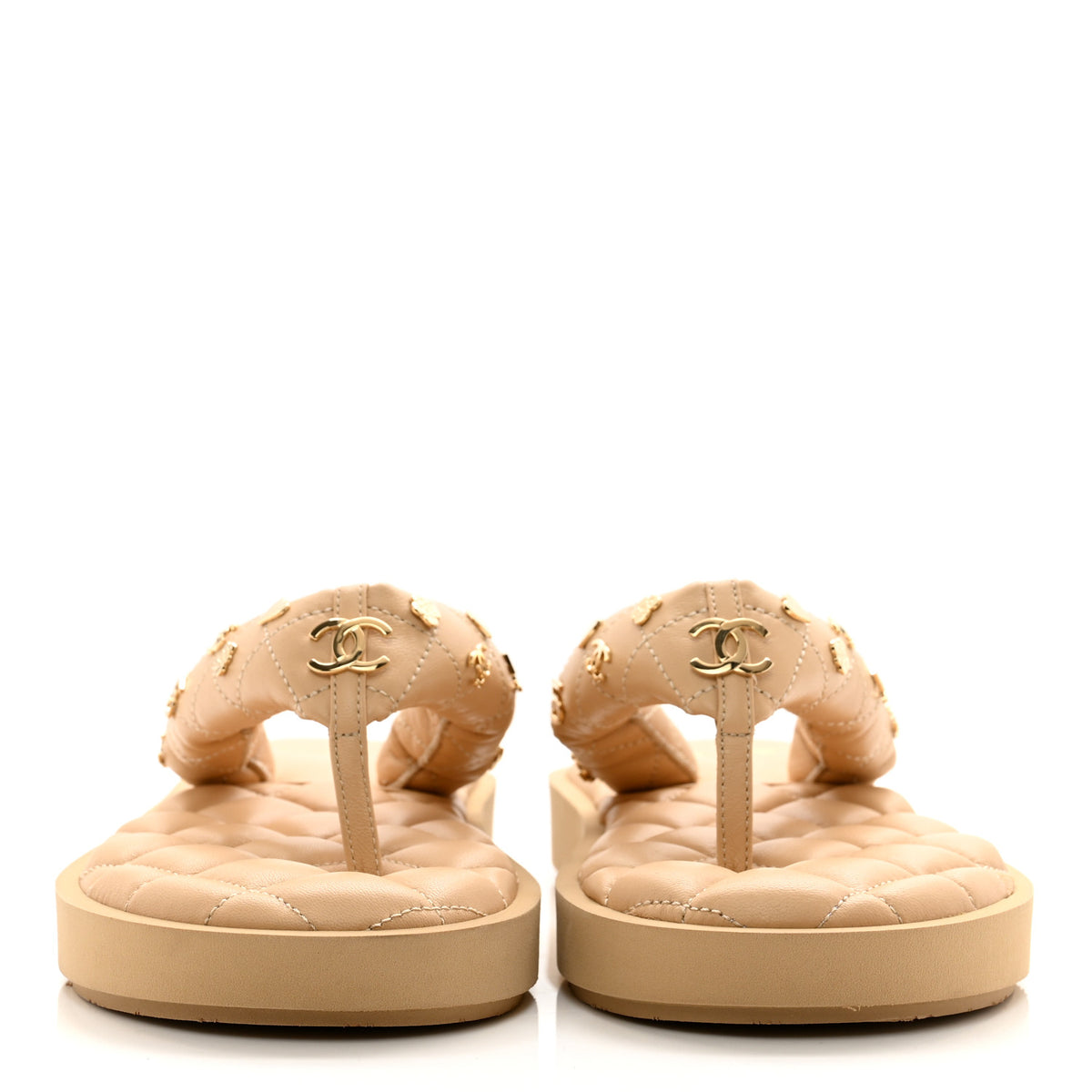 Lambskin Quilted Padded Charms Thong Sandals 37 Beige