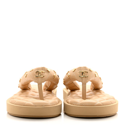 Chanel Lambskin Quilted Padded Charms Thong Sandals 37 Beige 2 of 8