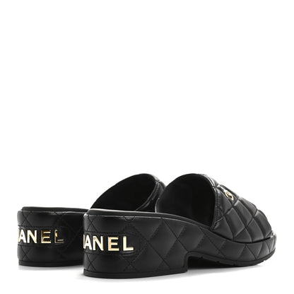Chanel Lambskin Quilted CC Mules Wedge Sandals 40 Black 5 of 10