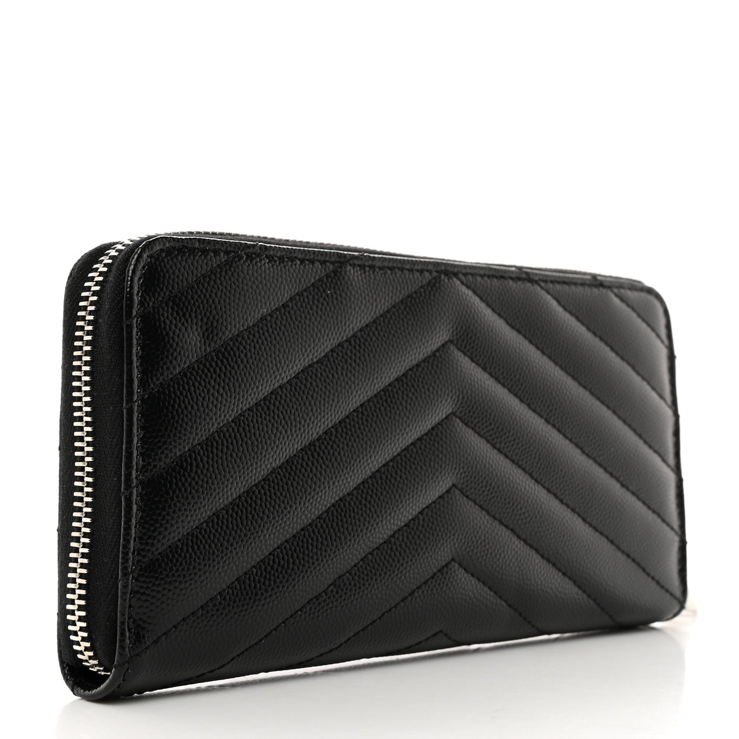 SAINT LAURENT Grain De Poudre Matelasse Chevron Monogram Zip Around Wallet Black