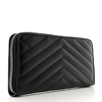 Saint Laurent SAINT LAURENT Grain De Poudre Matelasse Chevron Monogram Zip Around Wallet Black 3 of 7