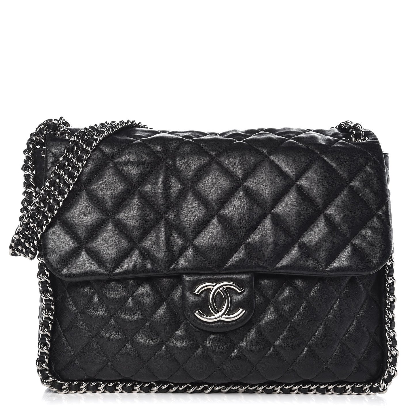Washed Lambskin Quilted Maxi Chain Around Flap Black