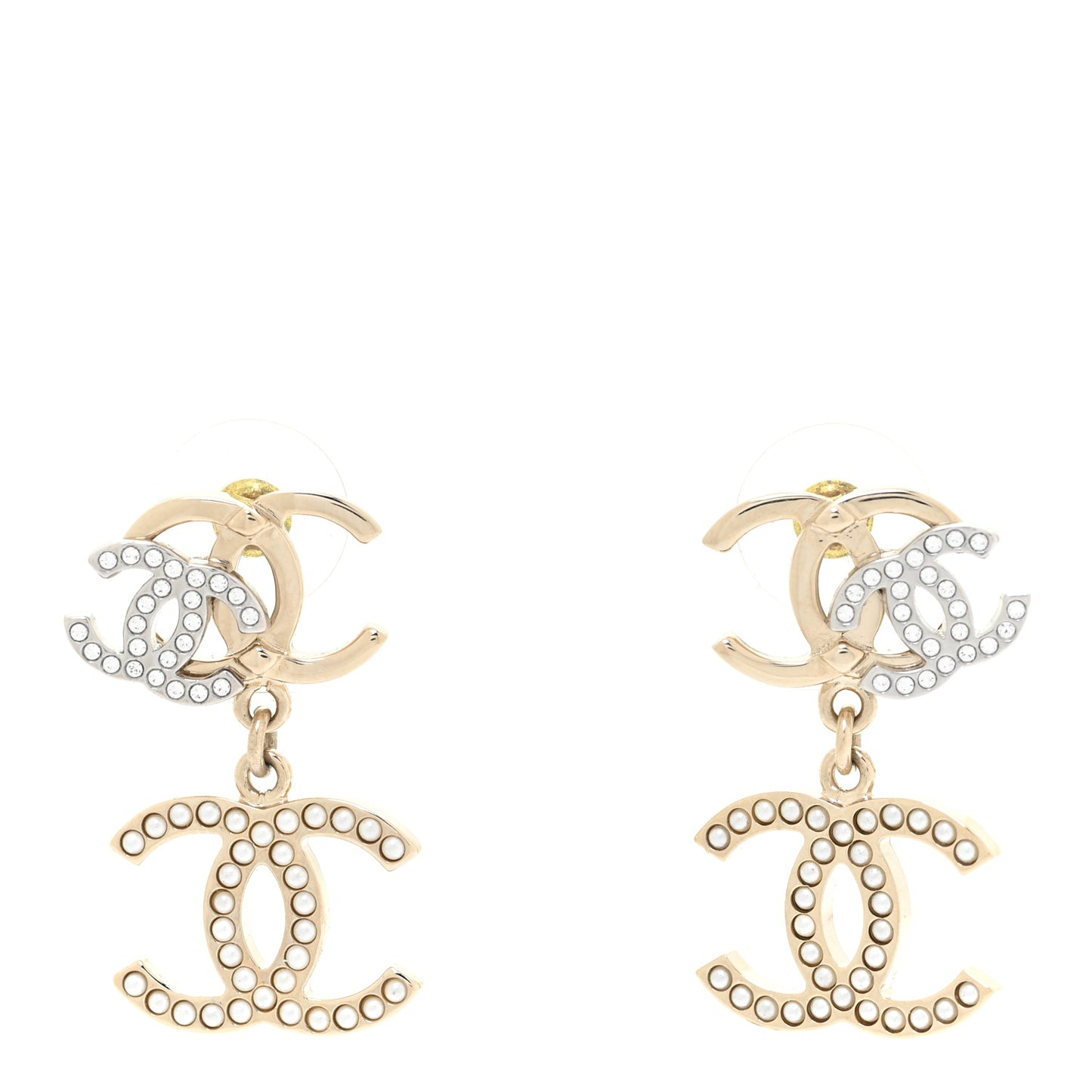 Crystal Pearl Double CC Drop Earrings Gold Silver