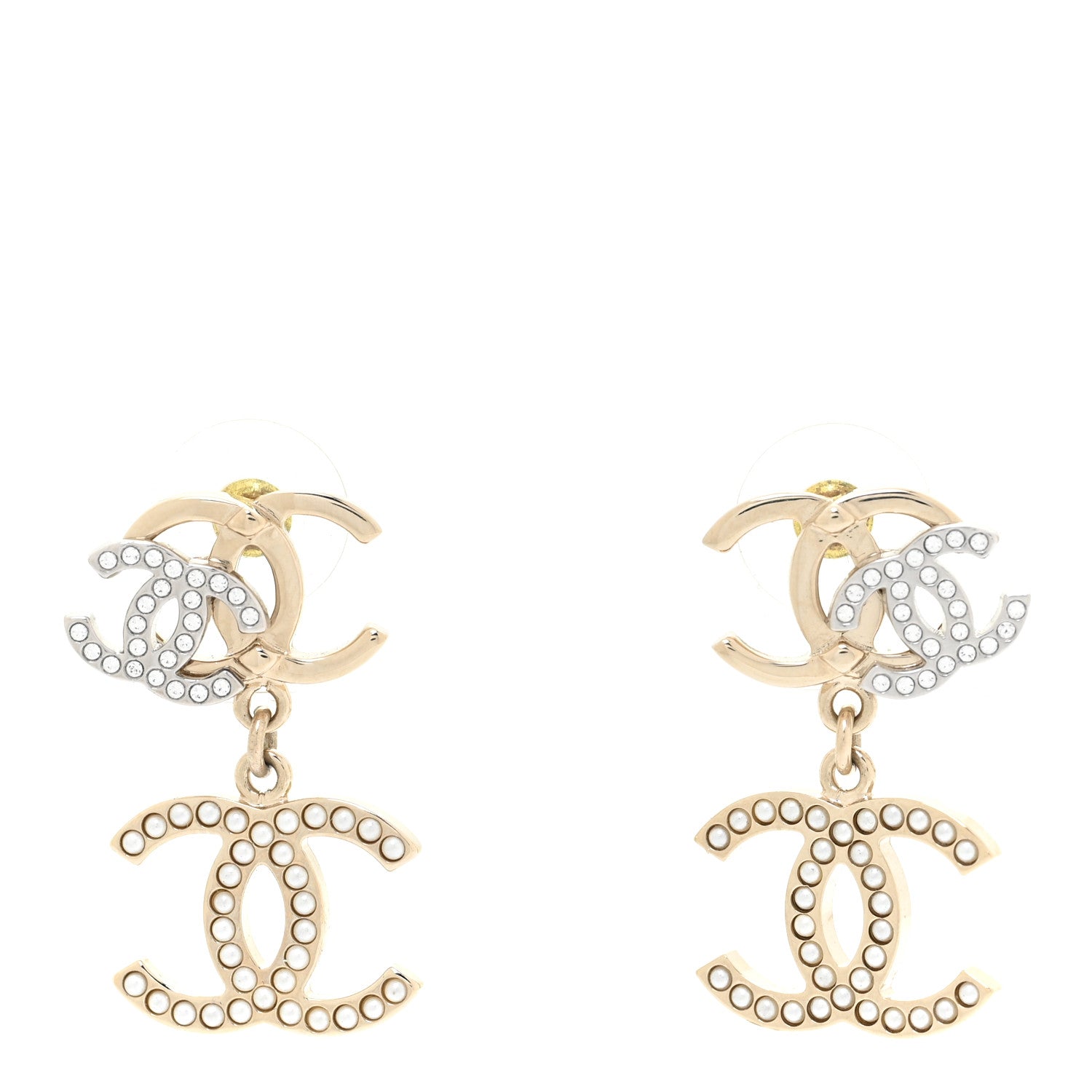 Chanel Crystal Pearl Double CC Drop Earrings Gold Silver 1 of 5