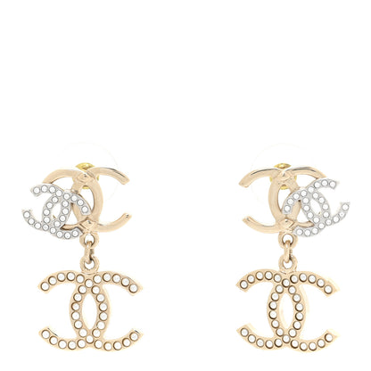 Chanel Crystal Pearl Double CC Drop Earrings Gold Silver 1 of 5
