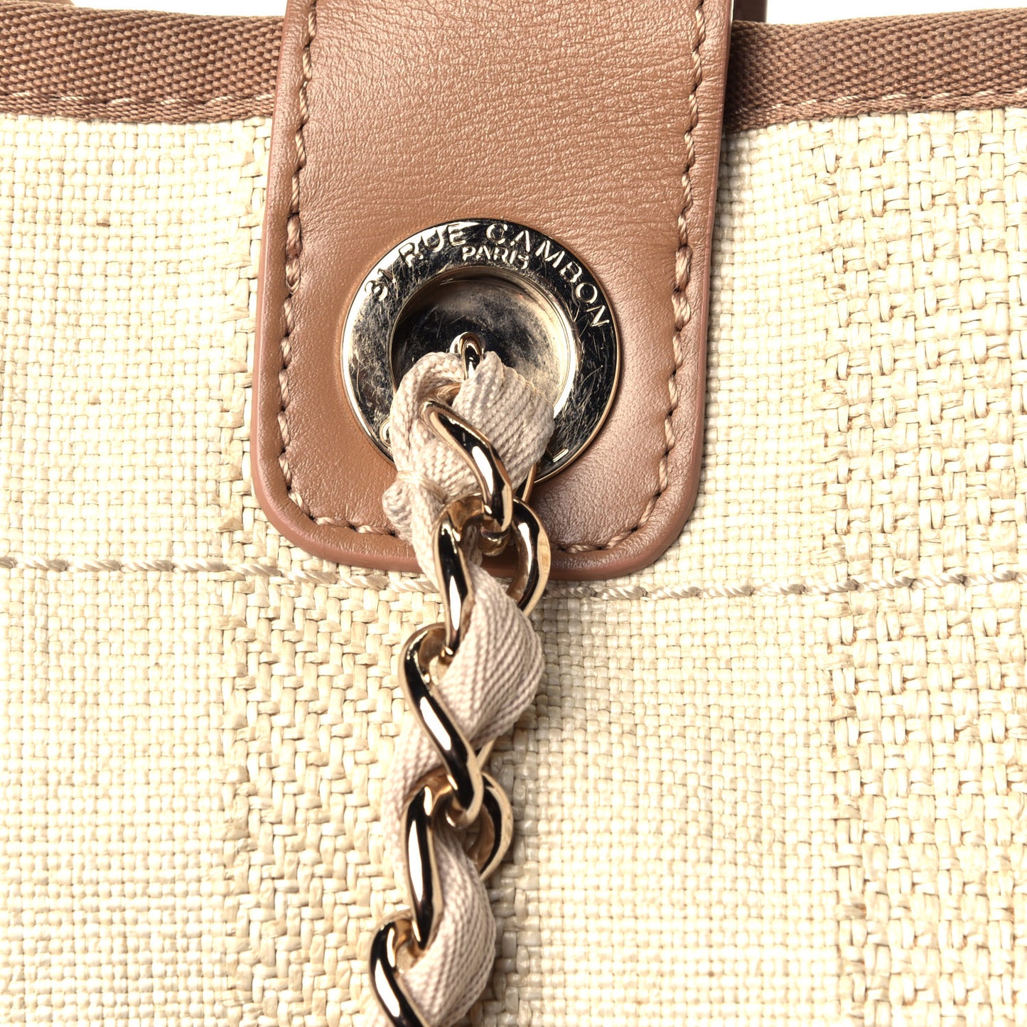 Straw Raffia Calfskin Striped Large Deauville Tote Beige