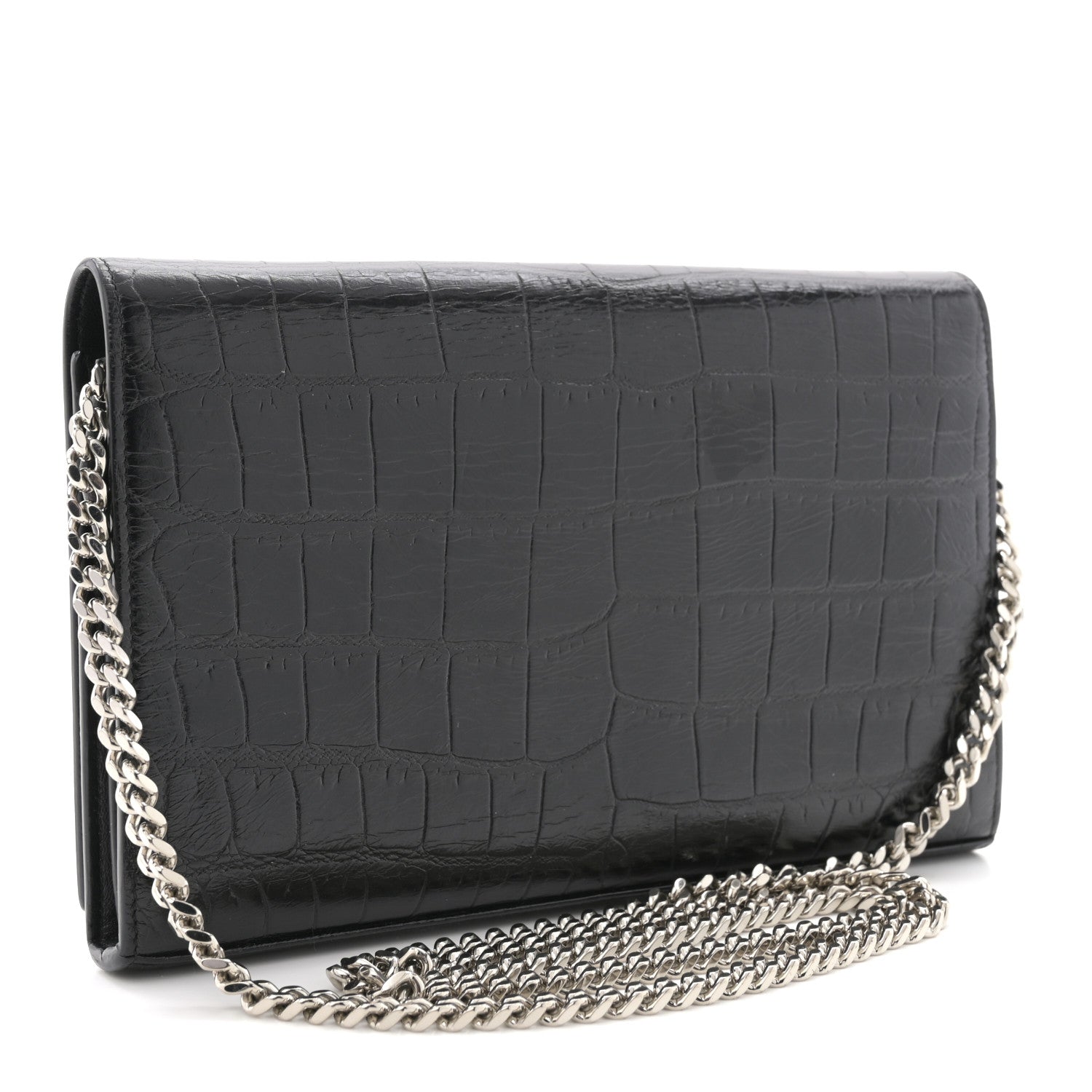Saint Laurent Crocodile Embossed Calfskin Monogram Chain Wallet Black 3 of 12