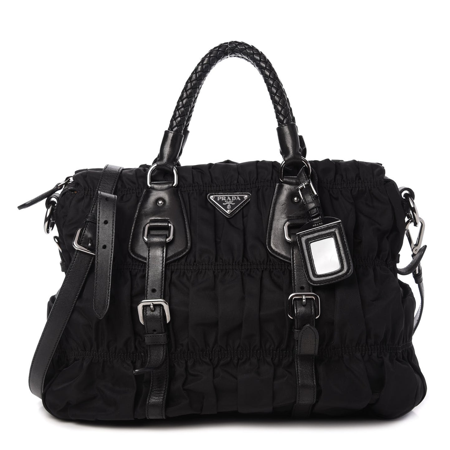 Tessuto Nylon Nappa Braided Gaufre Shopping Satchel Black