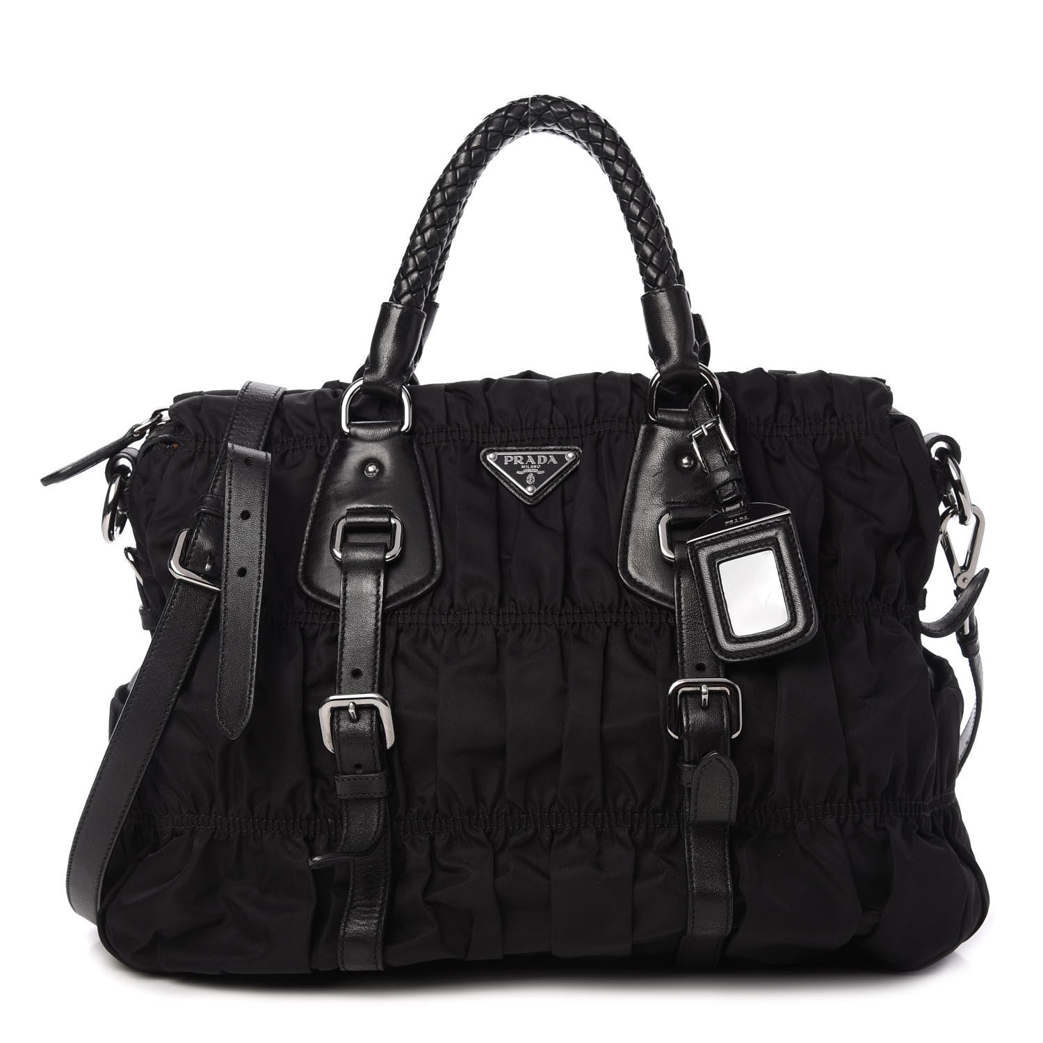 Prada Tessuto Nylon Nappa Braided Gaufre Shopping Satchel Black 1 of 10