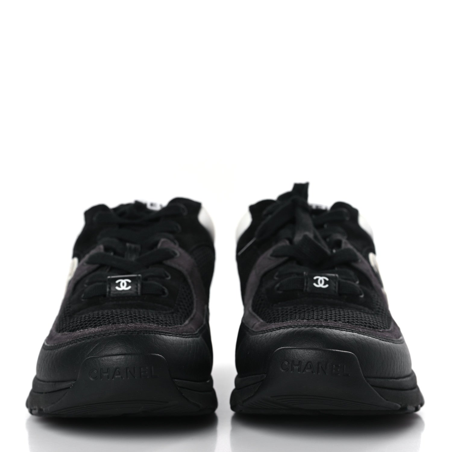 Chanel Mesh Suede Grained Calfskin Womens CC Sneakers 37.5 Black White 2 of 7