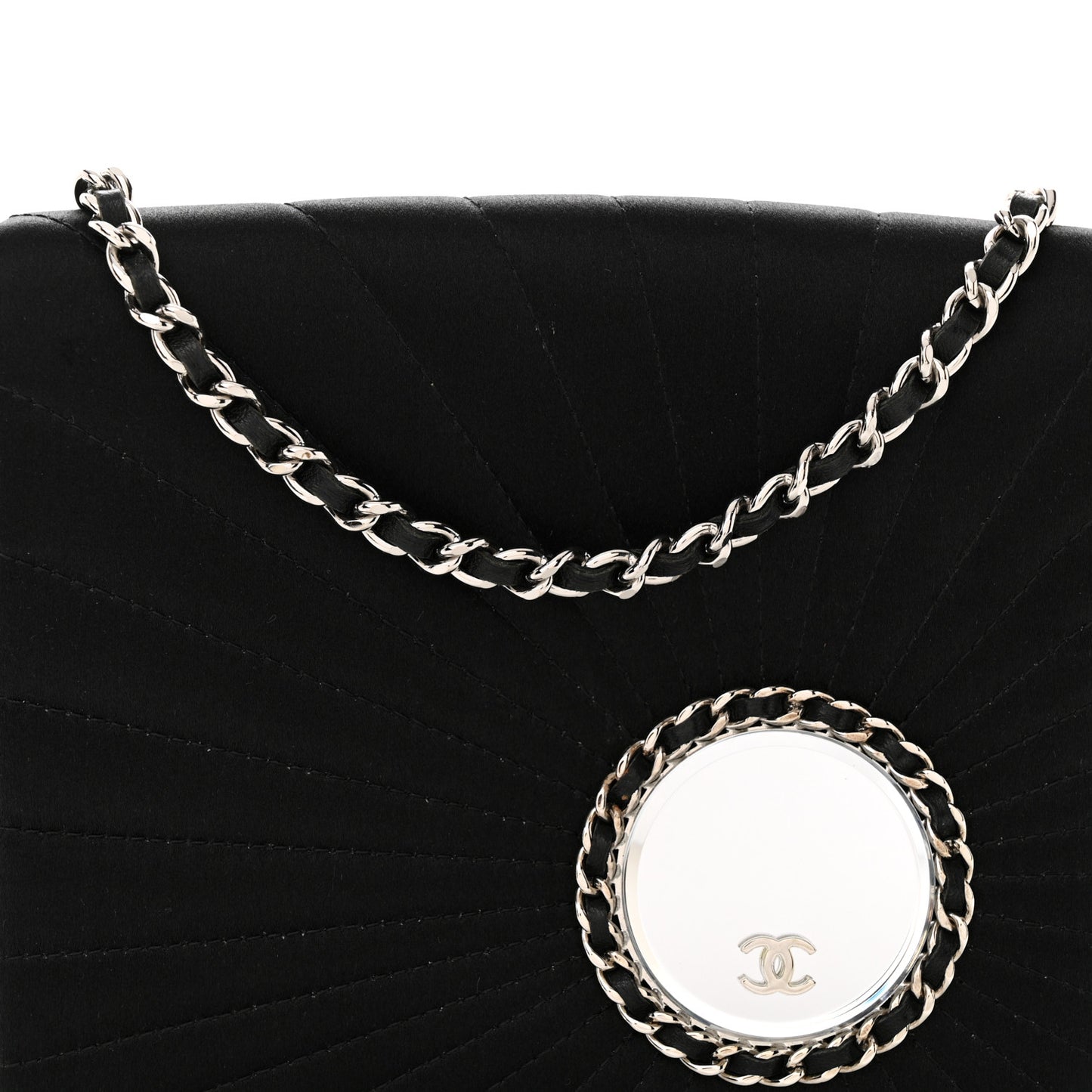 Satin Pleated Chain Embellished Mirror Flap Black