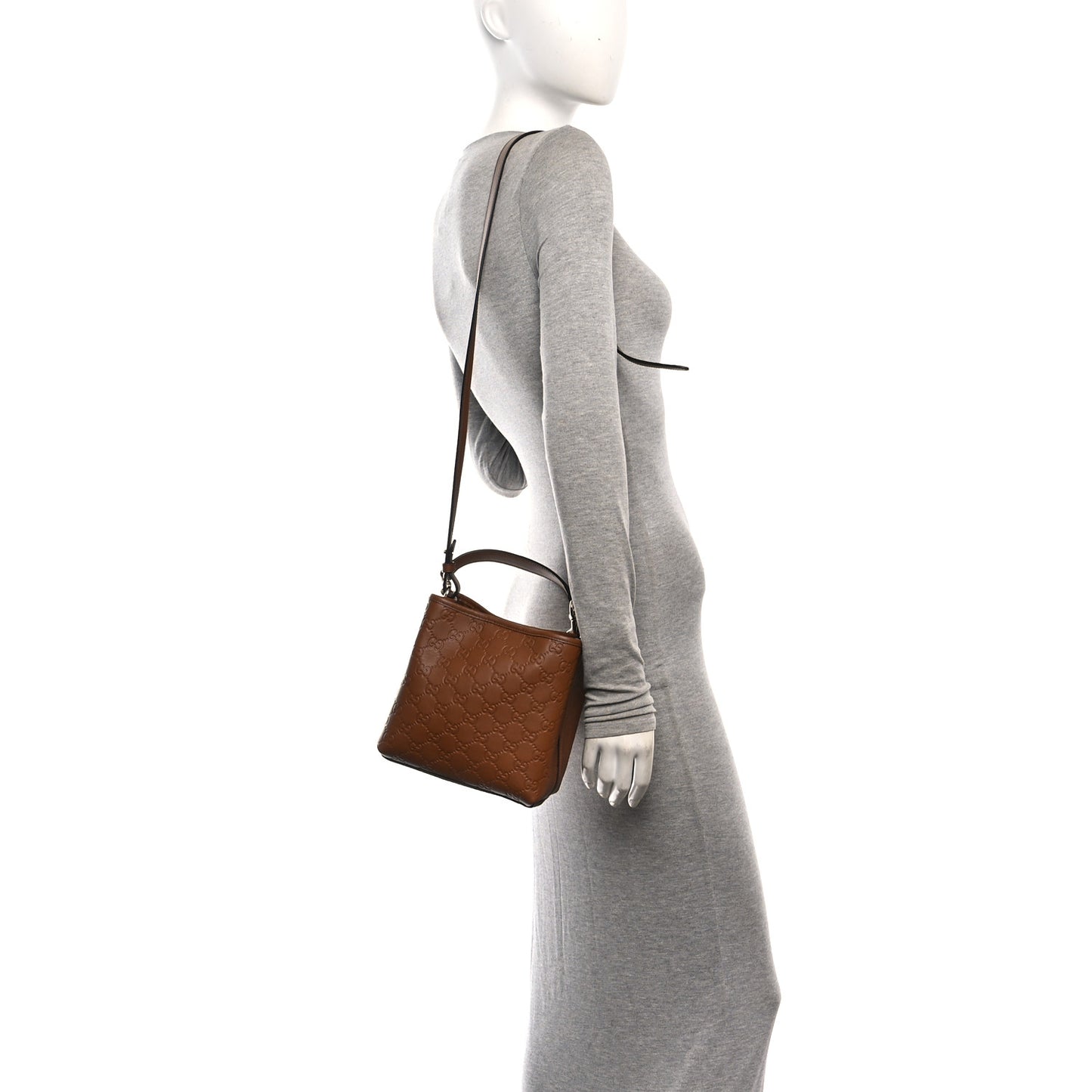 GG Calfskin Embossed Emblem Small Bucket Bag Brown