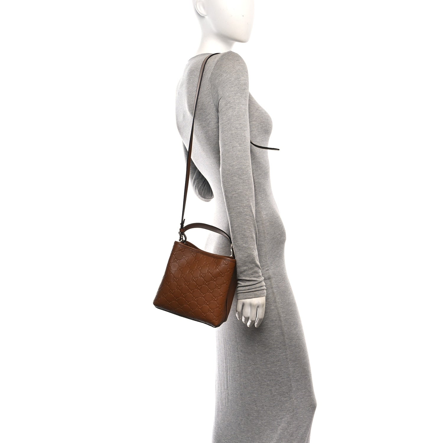 Gucci GG Calfskin Embossed Emblem Small Bucket Bag Brown 2 of 10