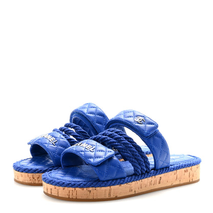 Chanel Cord Lambskin Quilted Logo Sandals 38 Blue 8 of 20