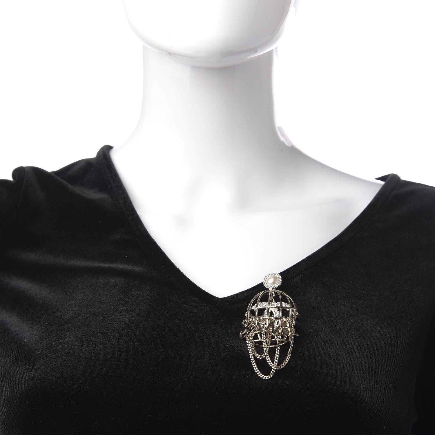 Chanel Pearl Crystal Birdcage Pin Brooch Light Gold 2 of 5