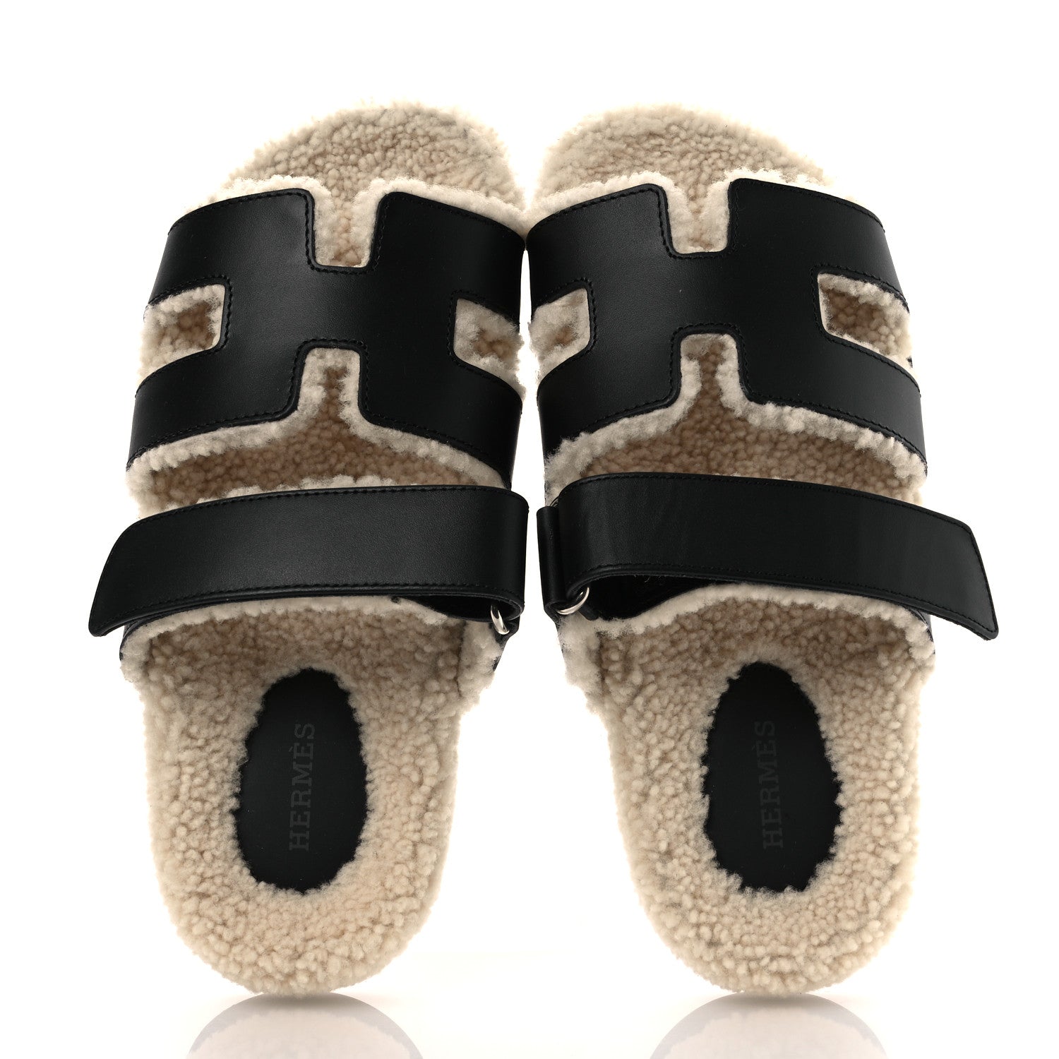 Hermes Calfskin Woolskin Womens Chypre Sandals 37.5 Black Ecru 2 of 10