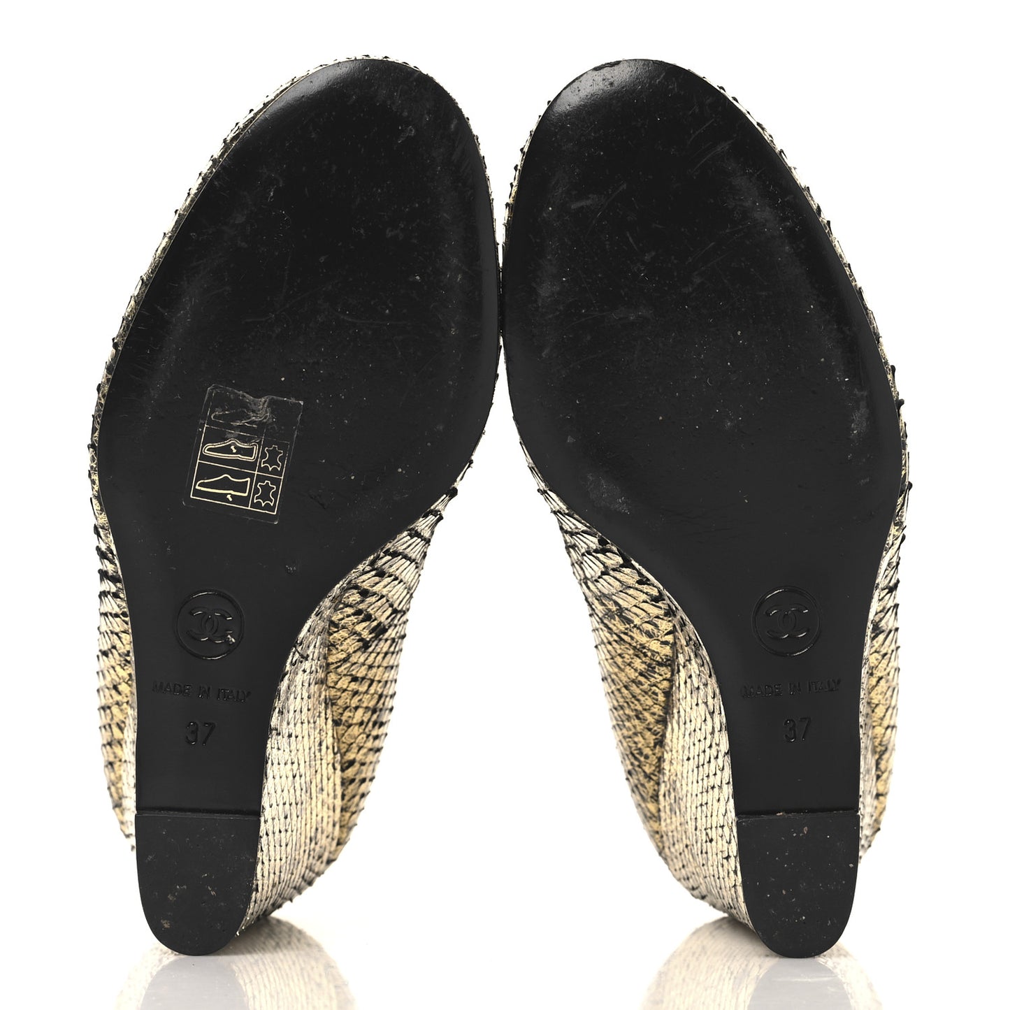Metallic Snakeskin Studded CC T-Strap Wedges 37 Gold Black