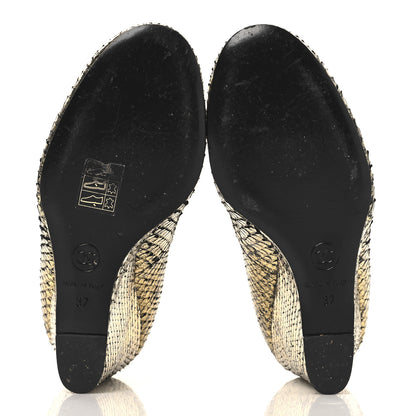 Chanel Metallic Snakeskin Studded CC T-Strap Wedges 37 Gold Black 6 of 11