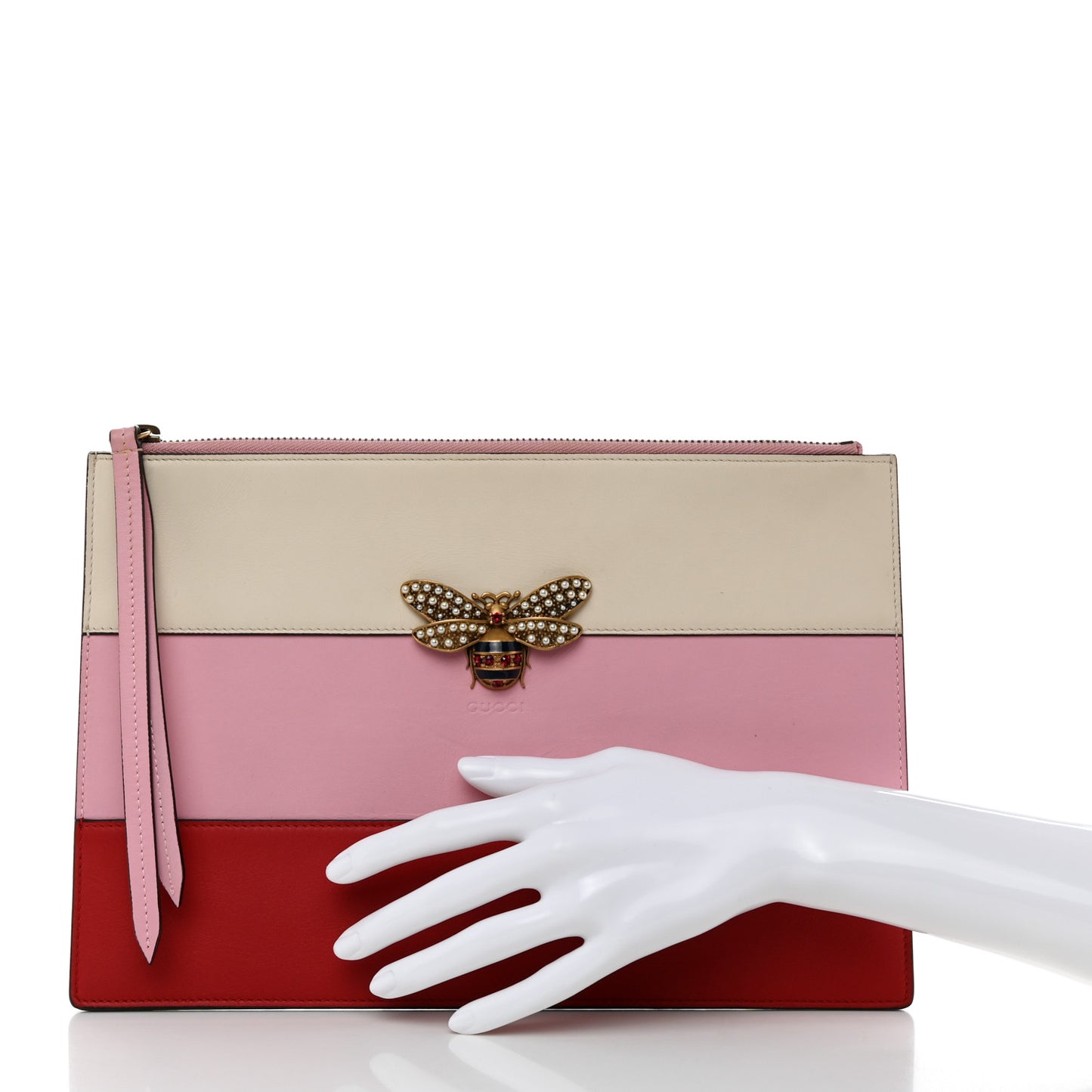 Calfskin Striped Oversized Bee Zip Pouch White Pink Red
