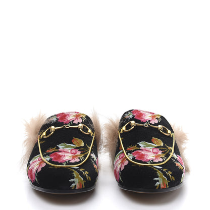 Gucci Velvet Fur Floral Womens Princetown Slippers 37 Black 2 of 8