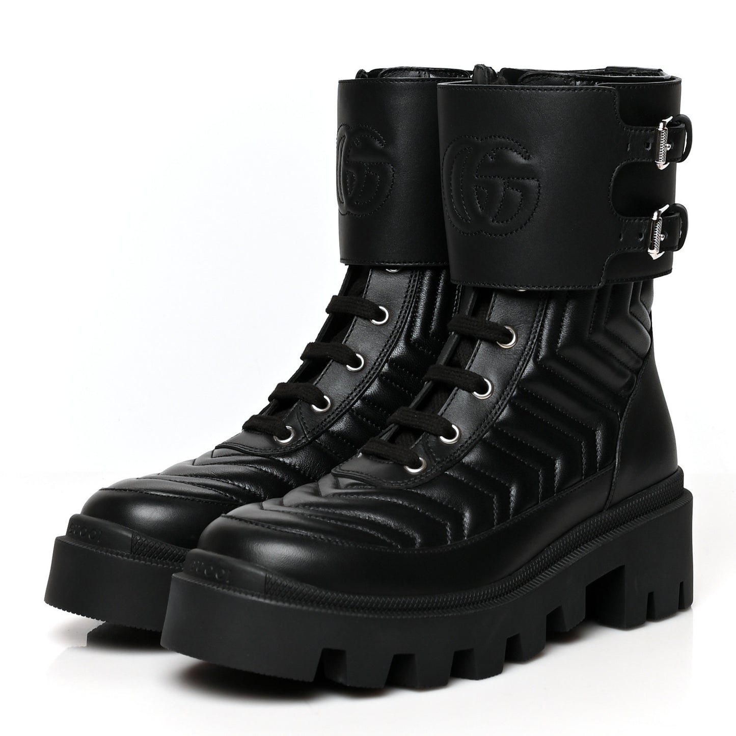 Nappa Frances GG Matelasse Platform Combat Boots 36 Black