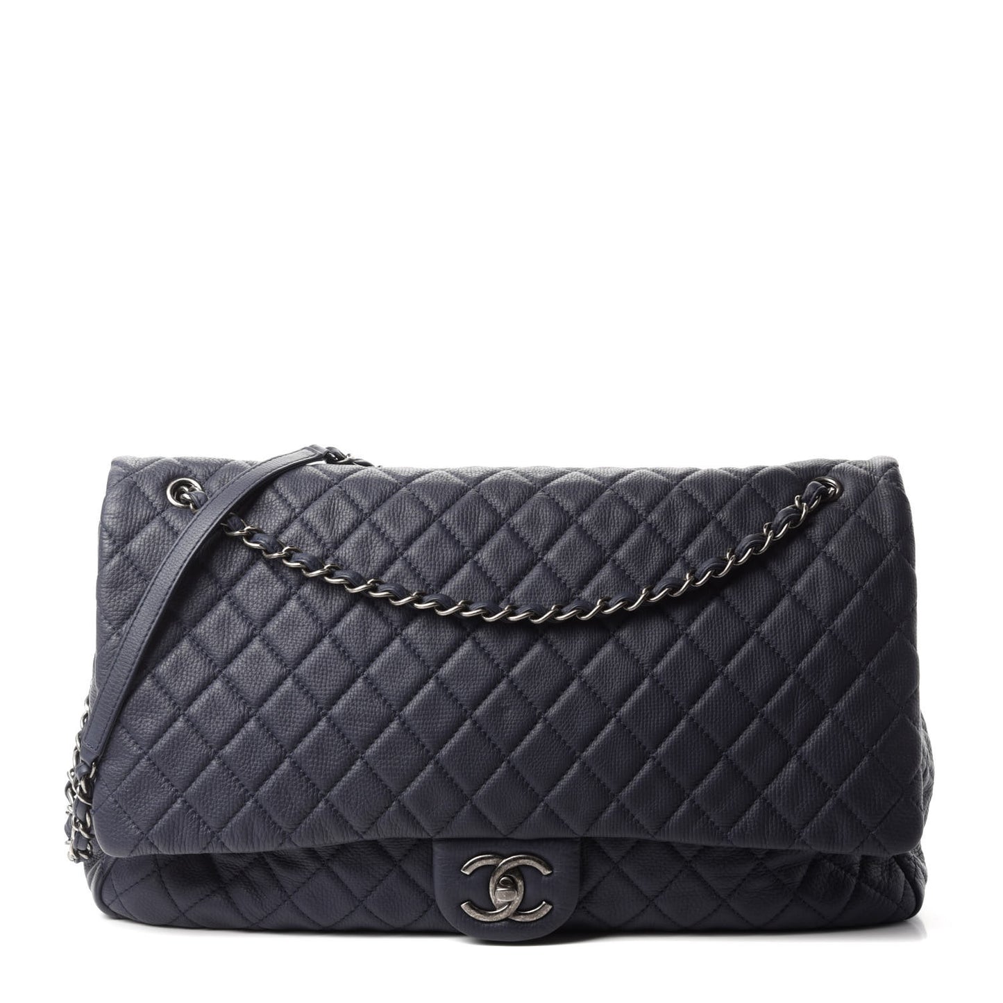 Calfskin Quilted XXL Travel Flap Bag Navy